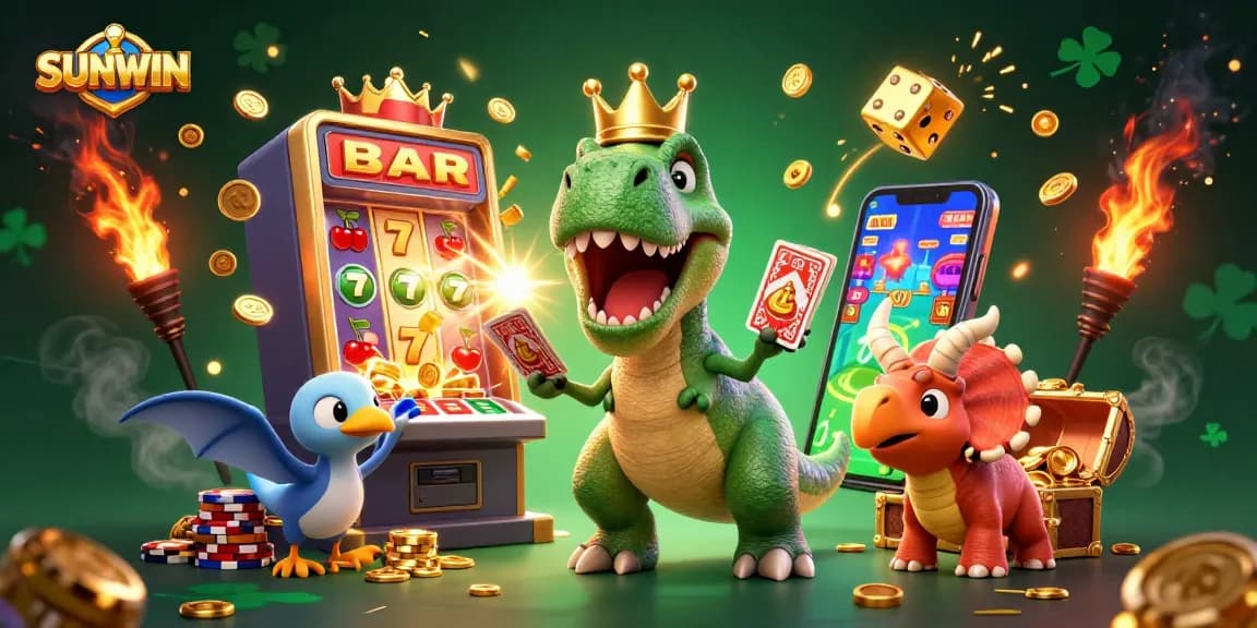 SUNWIN engages in thrilling gameplay with a cheerful dinosaur duo surrounded by jackpots and casino excitement.