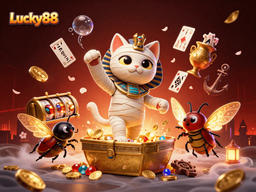 Experience Lucky88's vibrant gaming world with a dynamic Egyptian casino scene full of treasures and adventure.