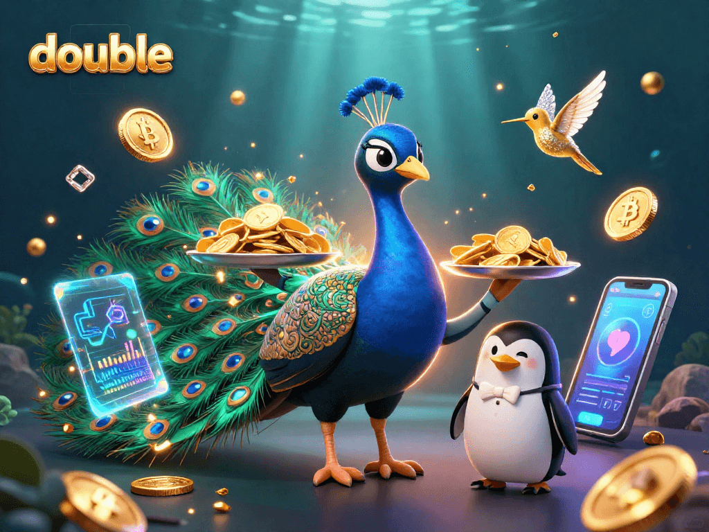 Engage in double gaming entertainment with vibrant characters and crypto symbols embodying excitement