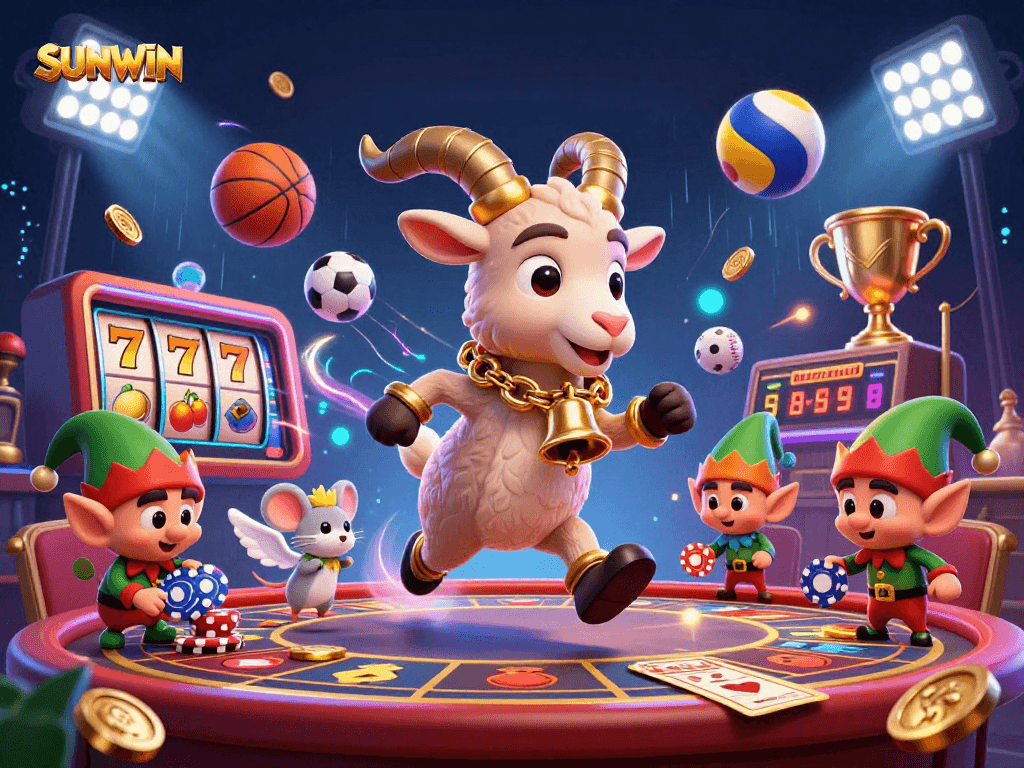 SUNWIN casino excitement with a Krampus goat, angel mouse, and elf gremlins in a festive gaming scene