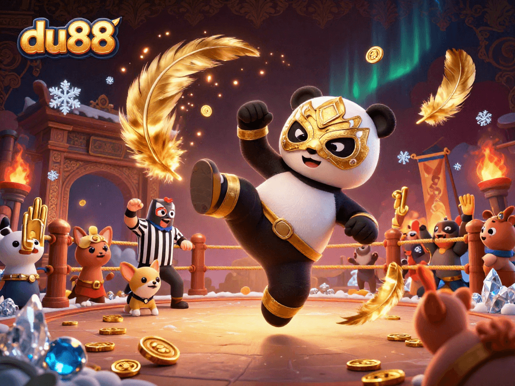 Experience the thrill of du88 with dynamic action in a vibrant casino scene featuring a wrestling panda.