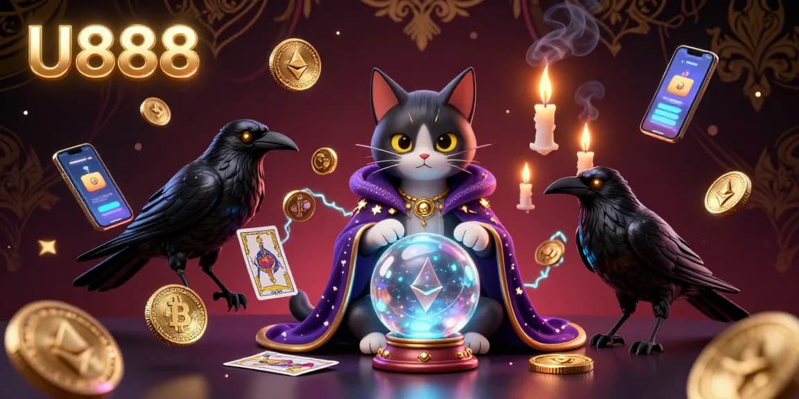 Experience the mystical side of U888 with a fortune teller cat and tarot raven amidst glowing virtual coins and casino elements.