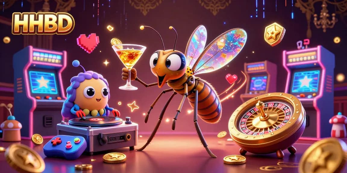 Engage with HHBD at vibrant casino scene with animated characters, showcasing gaming and excitement.