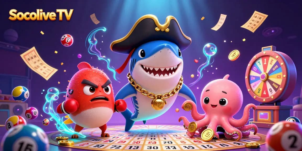 Engage with Socolive TV as the vibrant pufferfish and pirate shark celebrate a dynamic lottery scene.