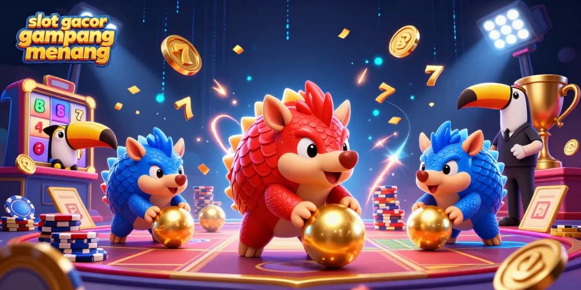 Spin slot gacor gampang menang with playful pangolins competing in a vibrant casino scene.