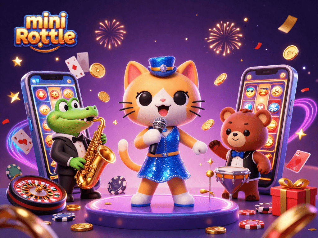 Experience the excitement of mini roulette with animated characters celebrating at a casino stage.