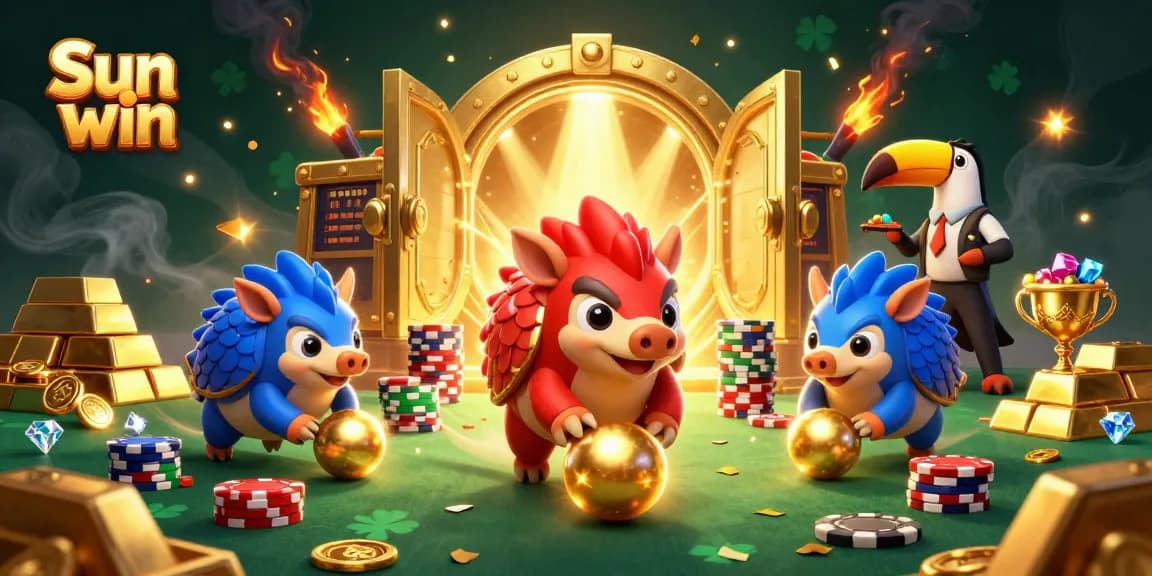 Compete in exciting games with Sun win, where pangolins navigate golden treasures and poker chips.