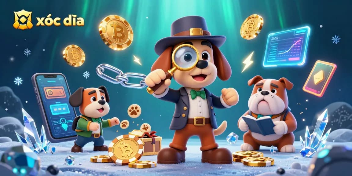 xóc đĩa features a cartoon detective finding clues in a vibrant casino atmosphere.
