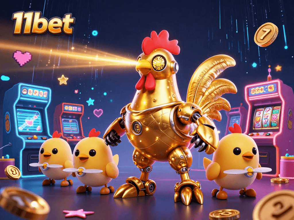Experience gaming excitement with 11bet's vibrant casino atmosphere featuring a futuristic rooster robot.
