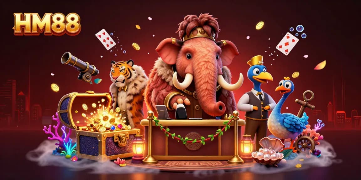 Experience the excitement at HM88 casino with a cartoon scene of characters celebrating in a dynamic gaming environment.