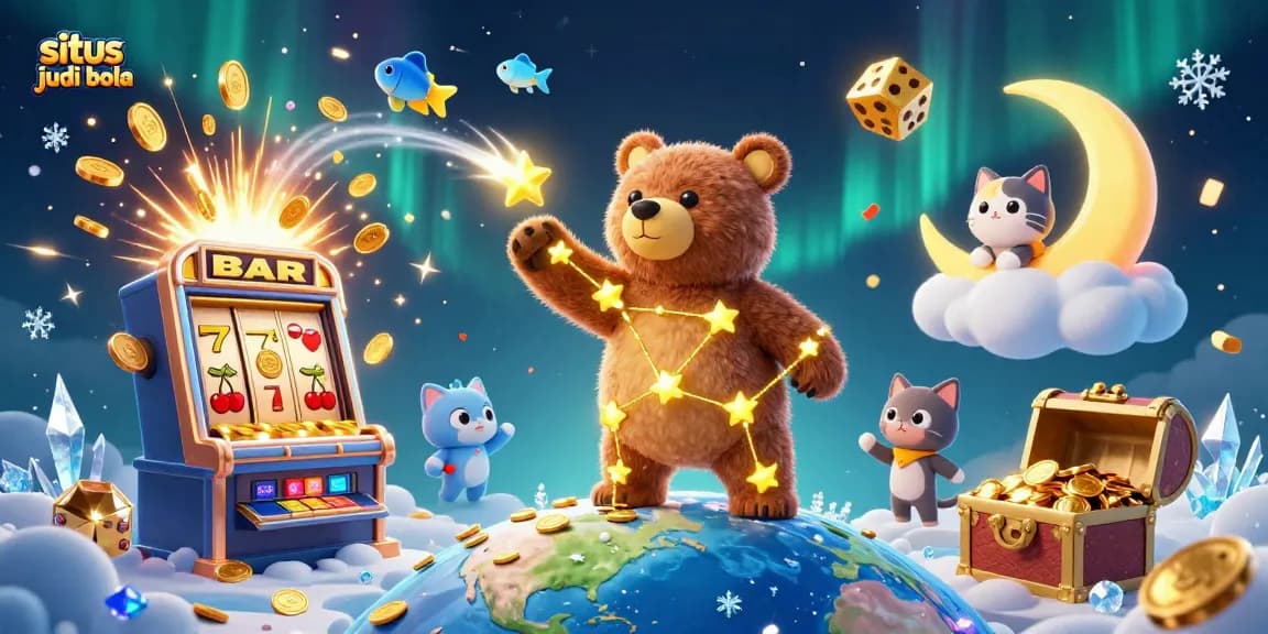 Jelajahi situs judi bola dengan gambar 3D yang menampilkan karakter kartun, mesin slot, dan efek kasino yang megah.