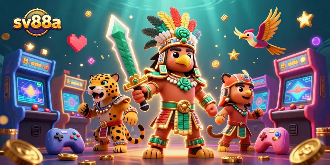 Engage in thrilling gameplay at sv88a, featuring vibrant Aztec warriors amidst arcade-inspired casino elements.