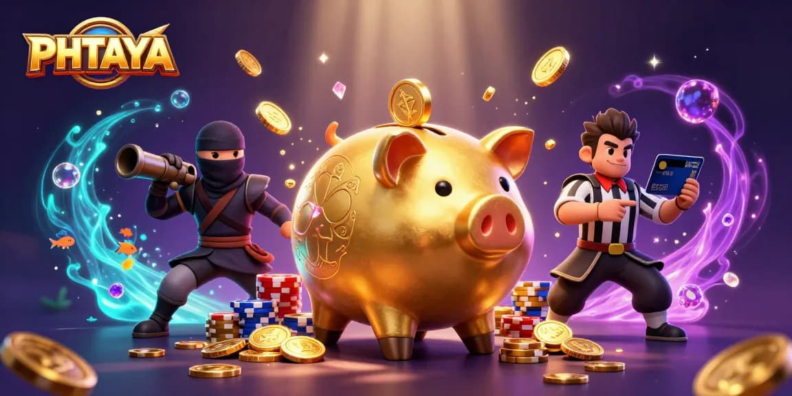 PHTAYA offers a thrilling fish shooting game experience with a massive golden piggy bank sumo wrestler.