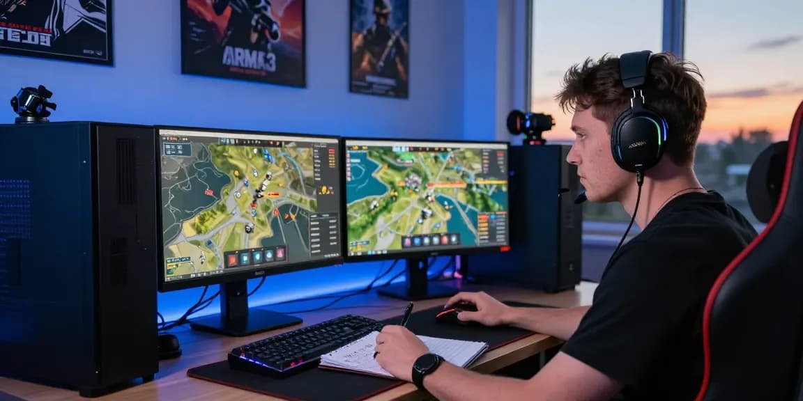 Intense gamer using ArmA 3 Hack on dual monitors in a dedicated gaming setup.