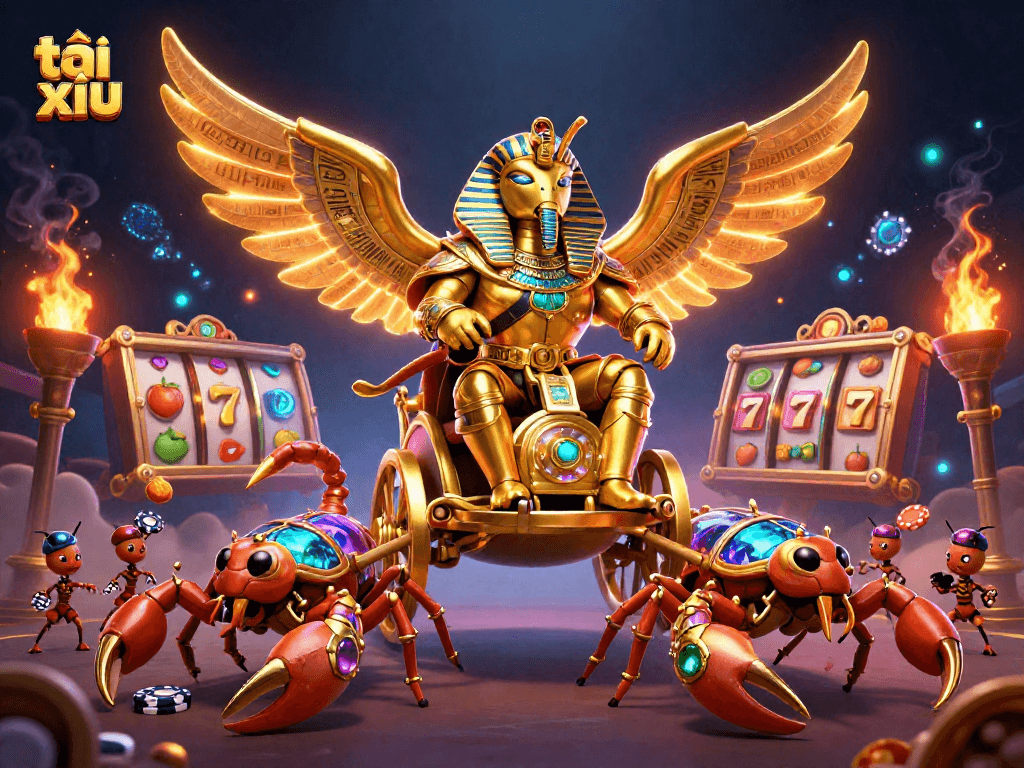 Play tài xỉu strategically with golden odds and colorful slot elements in a vibrant casino scene.