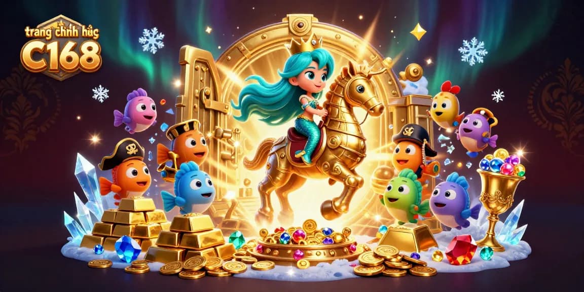 Experience the allure of trang chính thức C168 with a vibrant 3D casino scene featuring colorful characters and gold treasures.
