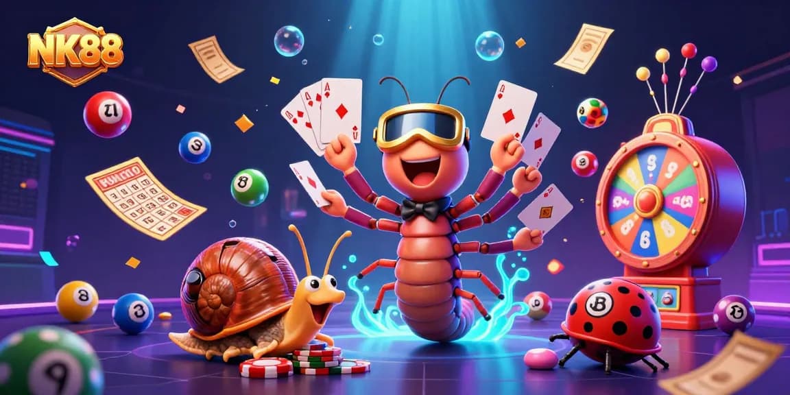 Experience the excitement of NK88 with a lively 3D illustration showcasing dynamic characters in a vibrant gambling scene.