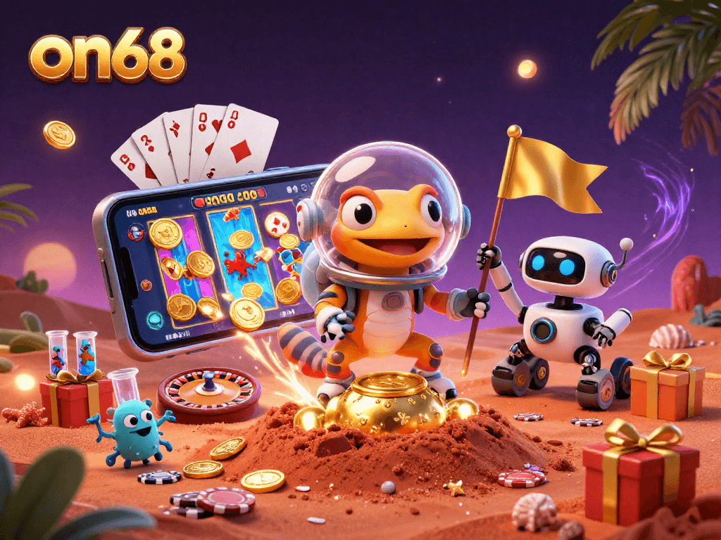 on68 Martian gecko exploring a golden casino with exciting game elements around.