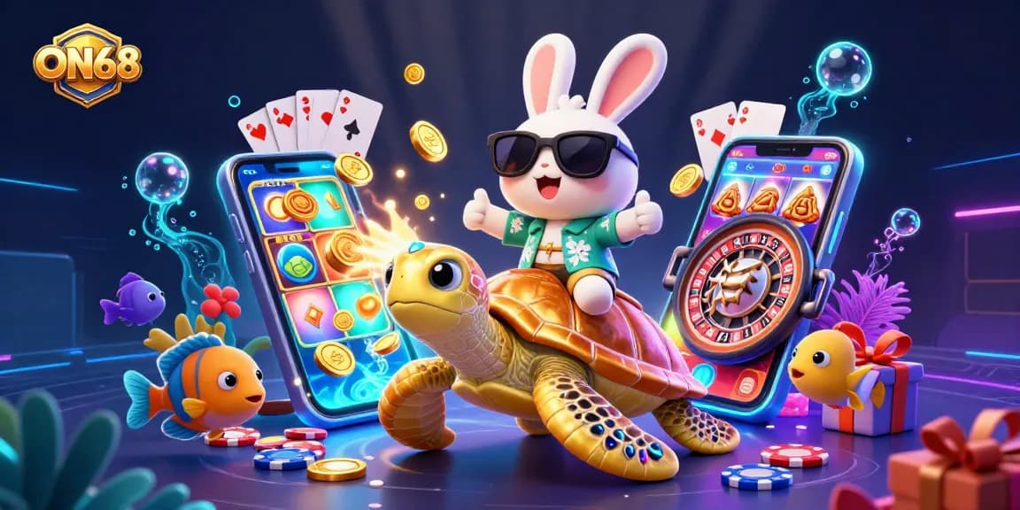 Join the fun at ON68 with a cartoon lucky rabbit celebrating wins in a vibrant casino scene.