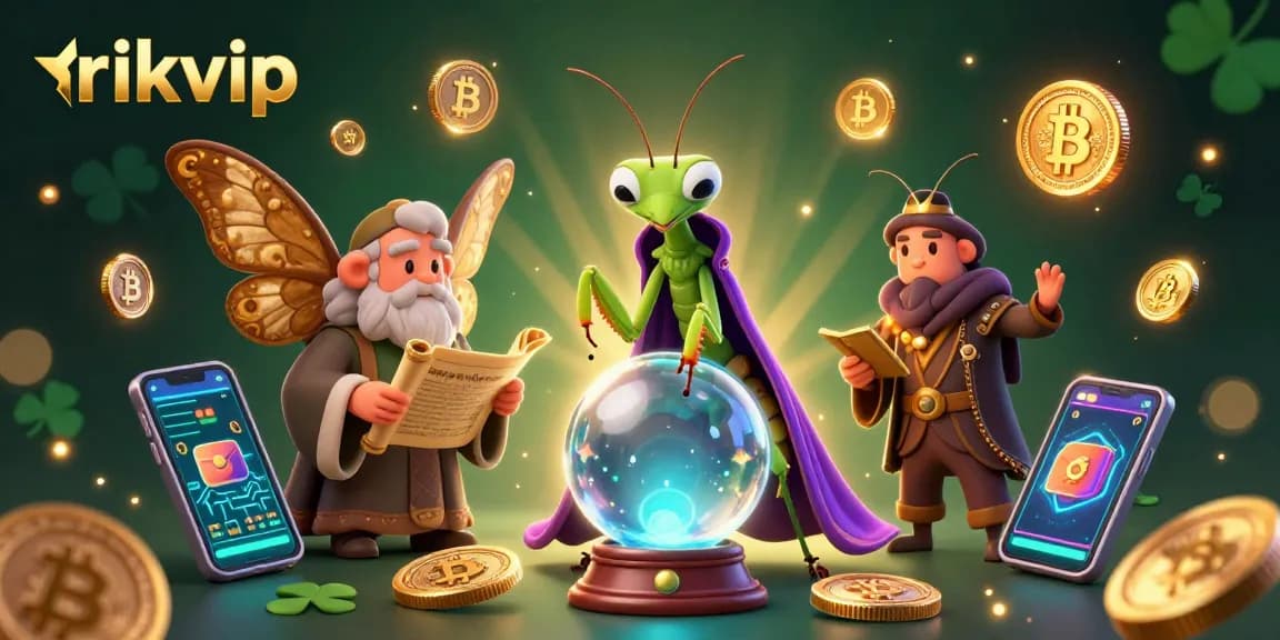 Join the mystical world of rikvip with a fortune teller and moth librarian in this vibrant casino-themed illustration.