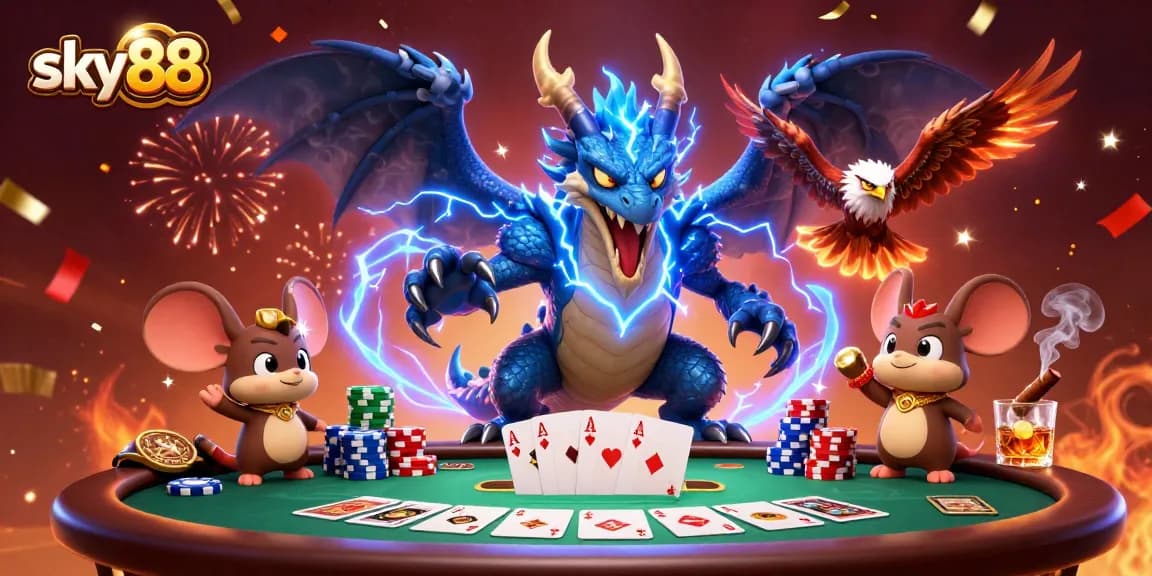 Engage in thrilling poker action with sky88's vibrant thunder dragon and poker elements.