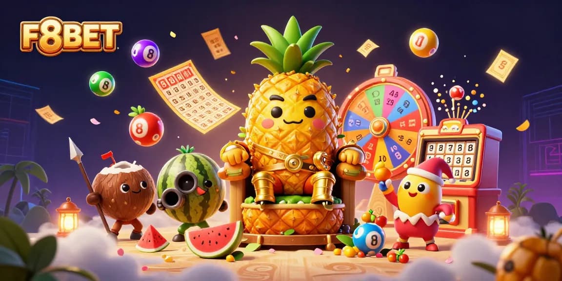 Join the excitement of F8BET with a vibrant casino scene showcasing a pineapple king and lottery elements.