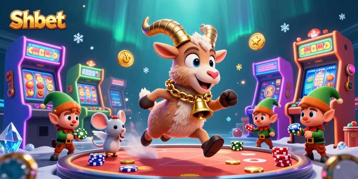 Join the festive fun at Shbet's lively casino where characters create chaos with lost poker chips.
