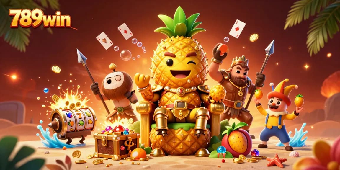 Engage with 789win in a vibrant casino scene featuring the golden pineapple king and lively characters.