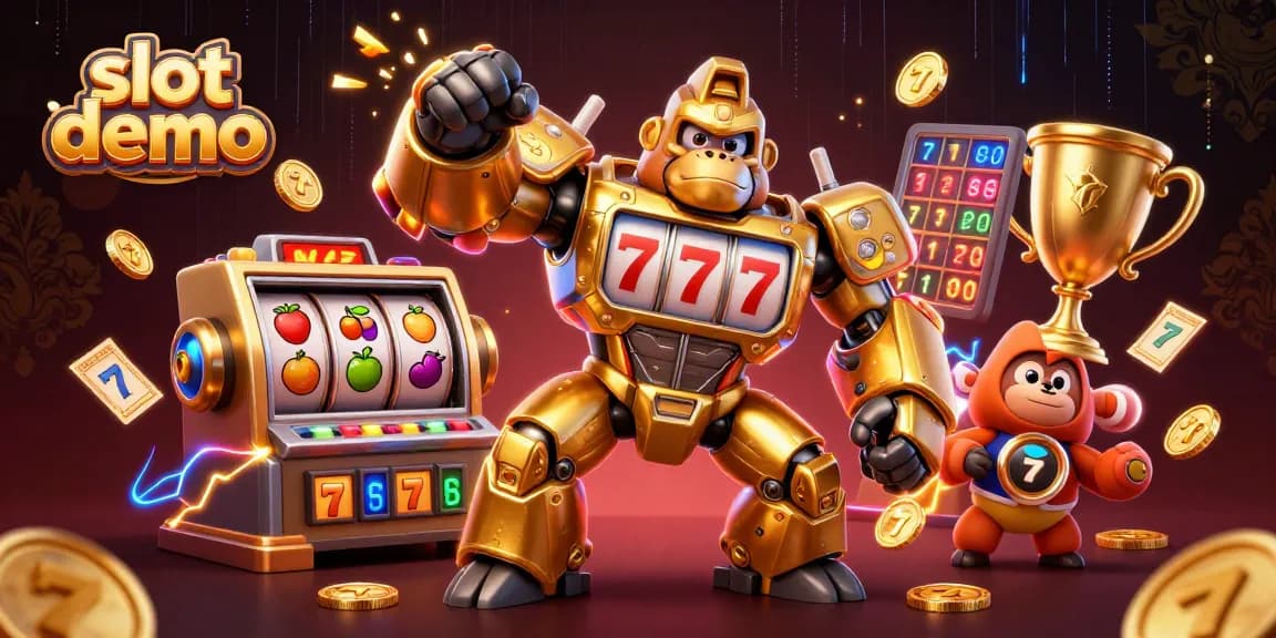Slot demo yang menampilkan gorila mesin mekanik dengan elemen permainan kasino lainnya.
