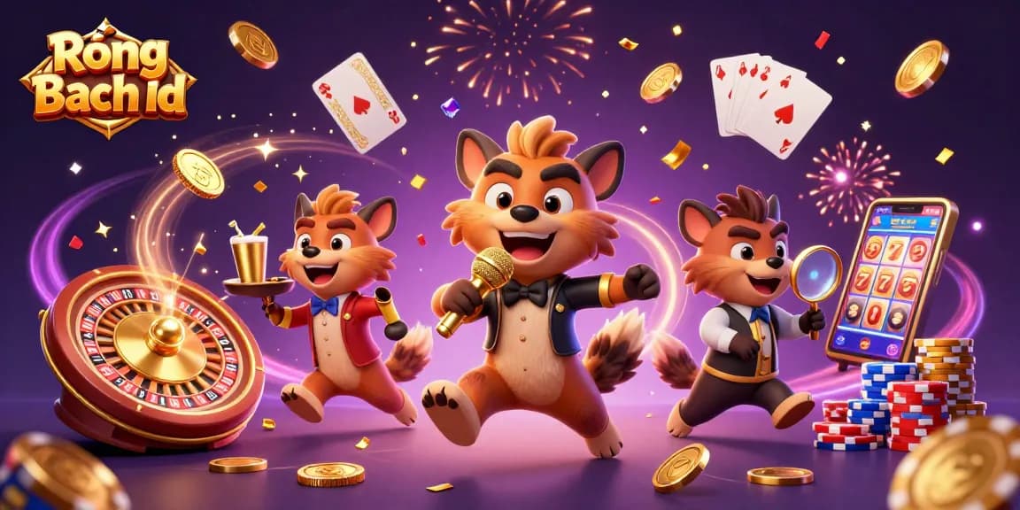 Engage with Rồng Bạch Kim's vibrant casino scene showcasing hyenas in action with gold coins and slot reels.