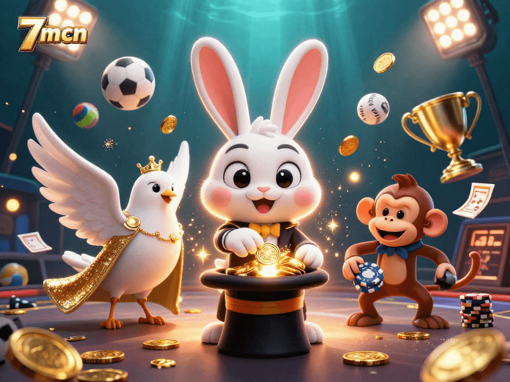 Experience the thrill of 7mcn with a magician rabbit, dove, and monkey in 3D gambling action.
