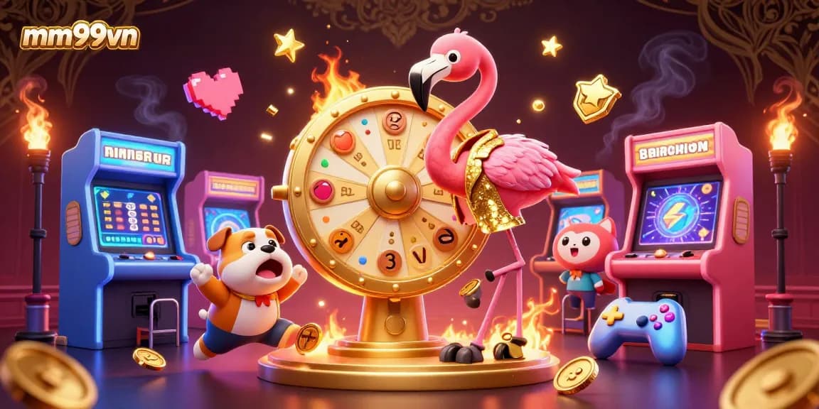 Excited players spin the golden prize wheel at mm99vn casino, revealing vibrant prizes and gaming elements.