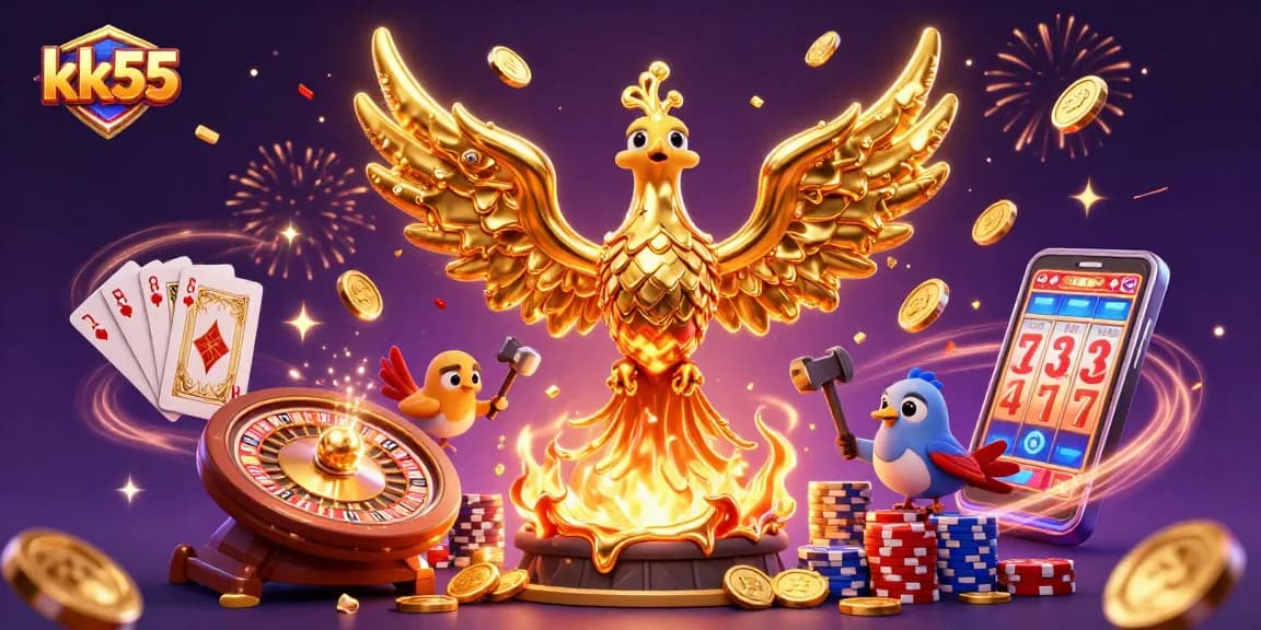 Win big at kk55 while immersing in a dazzling 3D casino experience with golden coins and vibrant games.
