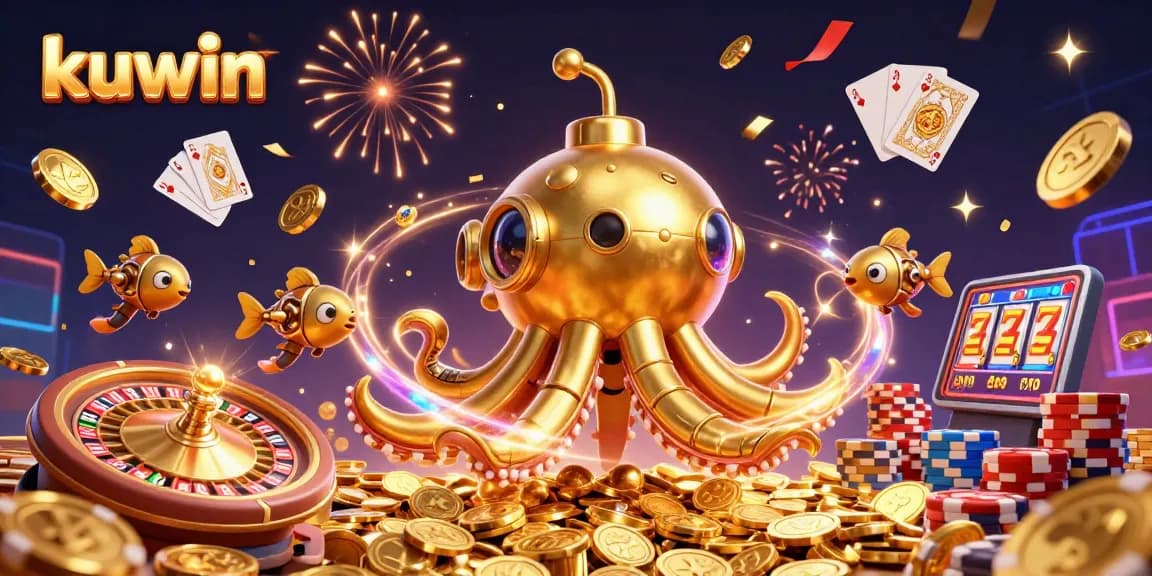 Kuwin features an exciting kraken submarine surfacing through gold coins, symbolizing thrilling online gaming.