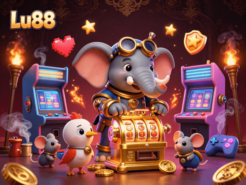 Spin the golden slot machine at Lu88 amid vibrant gaming elements and lively atmosphere.