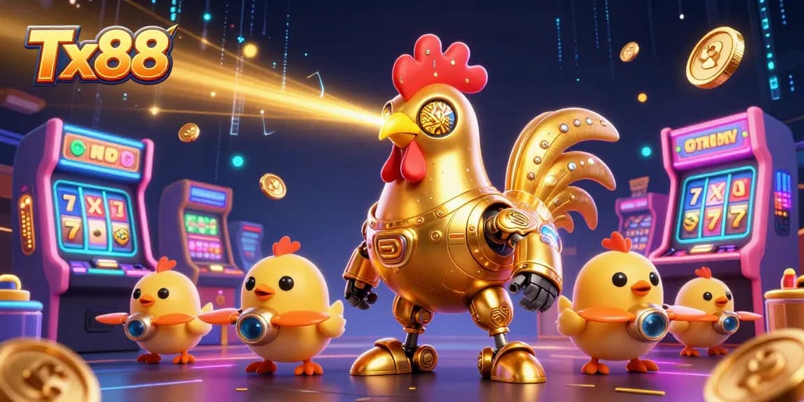 Engage with Tx88, where a golden rooster robot and chick drones animate the dynamic casino scene, showcasing slots and arcade gaming.