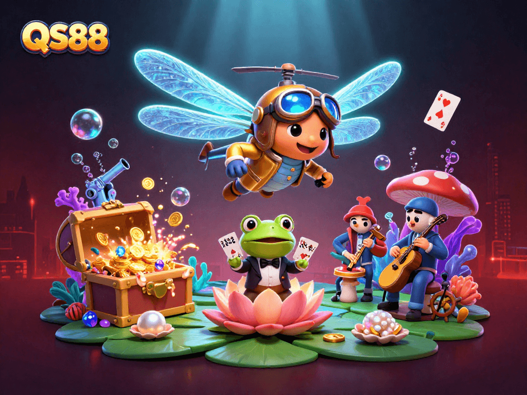 Engage with QS88's thrilling gaming scene featuring dragonfly pilots and frog dealers in an enchanting casino