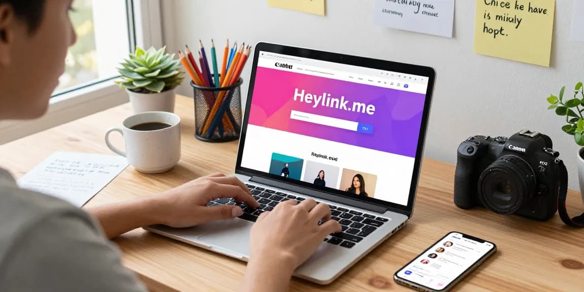 Pengguna membuat profil Heylink.me dengan semangat di ruang kerja yang cerah dan penuh inspirasi, GEGESLOT terlihat di layar laptop.