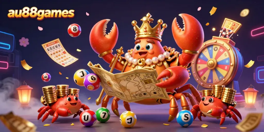 Experience vibrant gameplay at au88games with a dynamic scene featuring a golden crab emperor and colorful lottery elements.