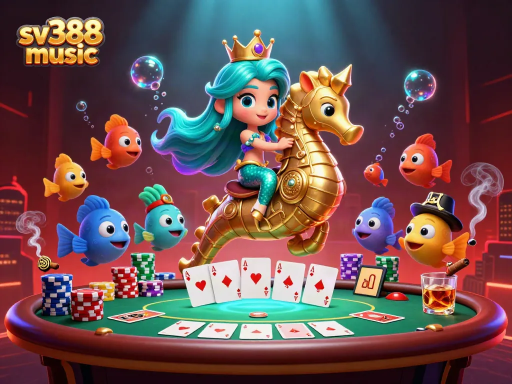 Experience sv388 music with a vibrant 3D scene of a mermaid and poker elements.