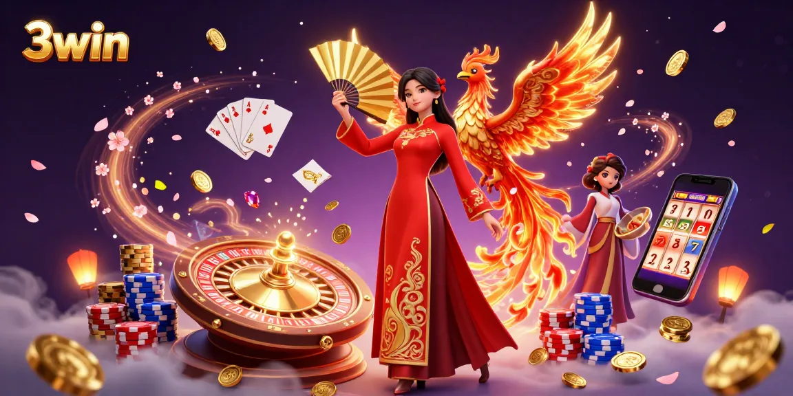 Spin the 3win roulette wheel with vibrant characters, golden coins, and slot machine reels.