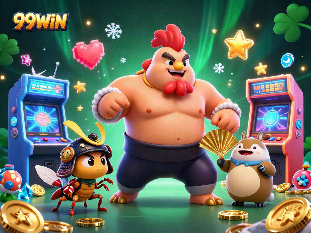 Experience thrilling gaming with vibrant characters in colorful 99WIN casino scene full of interactions.