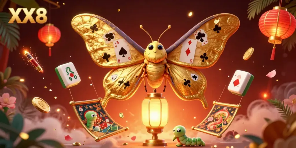 Engage with XX8's vibrant gaming experience featuring a 3D atlas moth on a golden lantern amidst casino symbols.