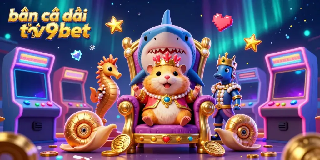 Engage in intense bắn cá đổi thưởng v9bet action with a vibrant arcade setting, animated characters, and casino-themed elements.
