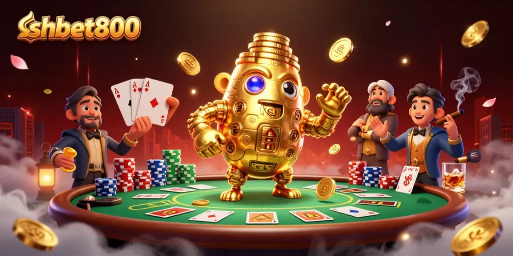 Win big with shbet800 at a vibrant poker table, featuring golden golem and dazzling casino elements.