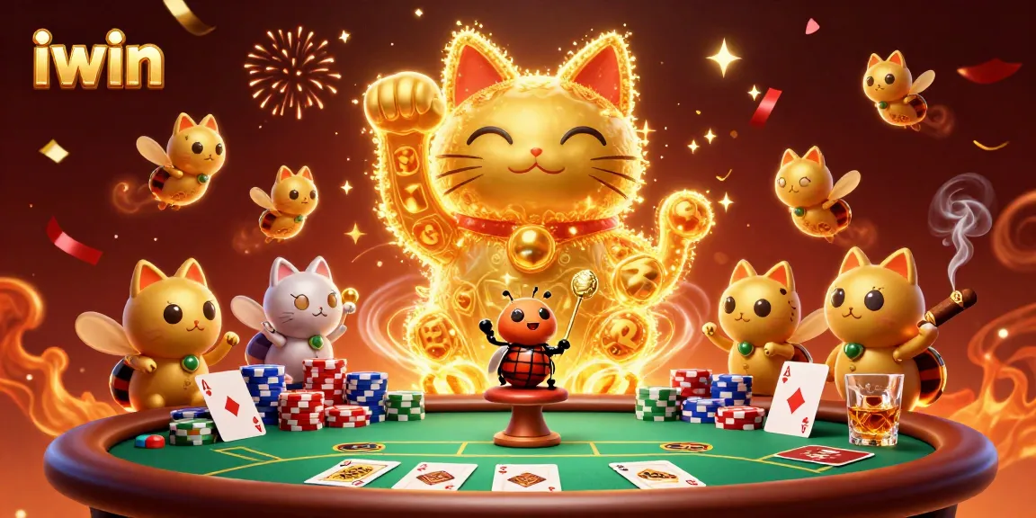 Experience iwin's vibrant lucky cat on a poker table, celebrating winnings and casino excitement.