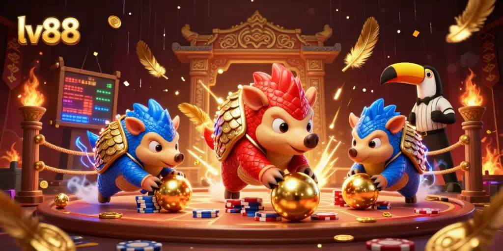 Experience excitement with lv88 as pangolins roll through poker chips in a vibrant casino scene.