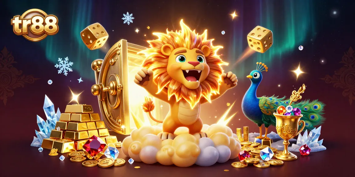 Play exciting games at tr88 with a majestic golden lion and vibrant casino elements.