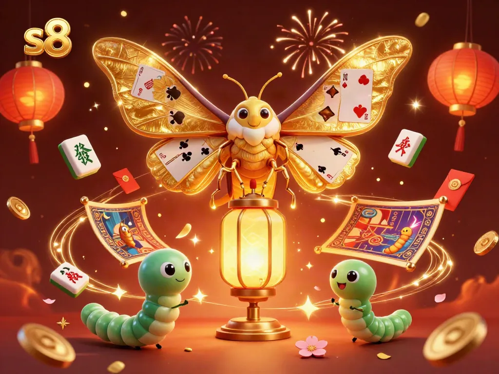 Experience the thrilling world of S8 casino with vibrant visuals of playful elements and a majestic moth narrative.