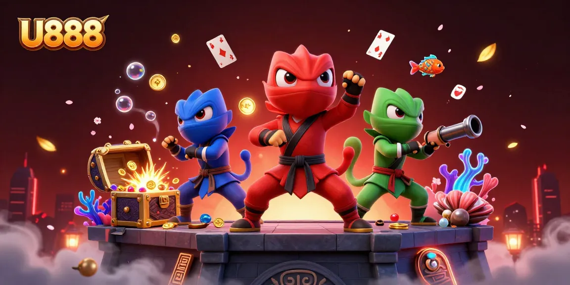 Experience thrilling action with U888's 3D chameleon ninjas amidst sparkling treasures.